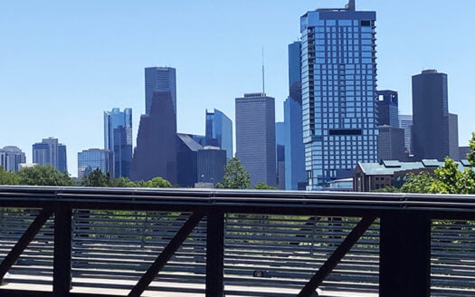 2023 04 downtown from allen parkway Tolerance bridge