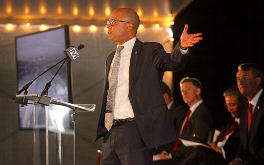 Alexandria Mayor Justin Wilson speaks at the announcement of a new arena for the Washington Wizards and Capitals in Potomac yard in Alexandria Dec. 13 2023 staff photo by James Cullum